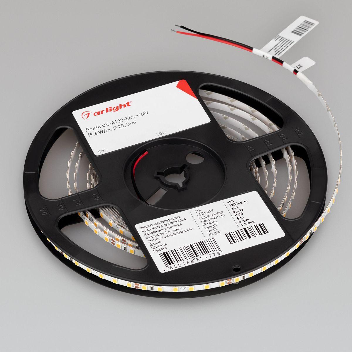 Светодиодная лента Arlight 6W/m 120Led/m 2835SMD теплый белый 5M UL-A120-5mm 24V Warm2700 044062