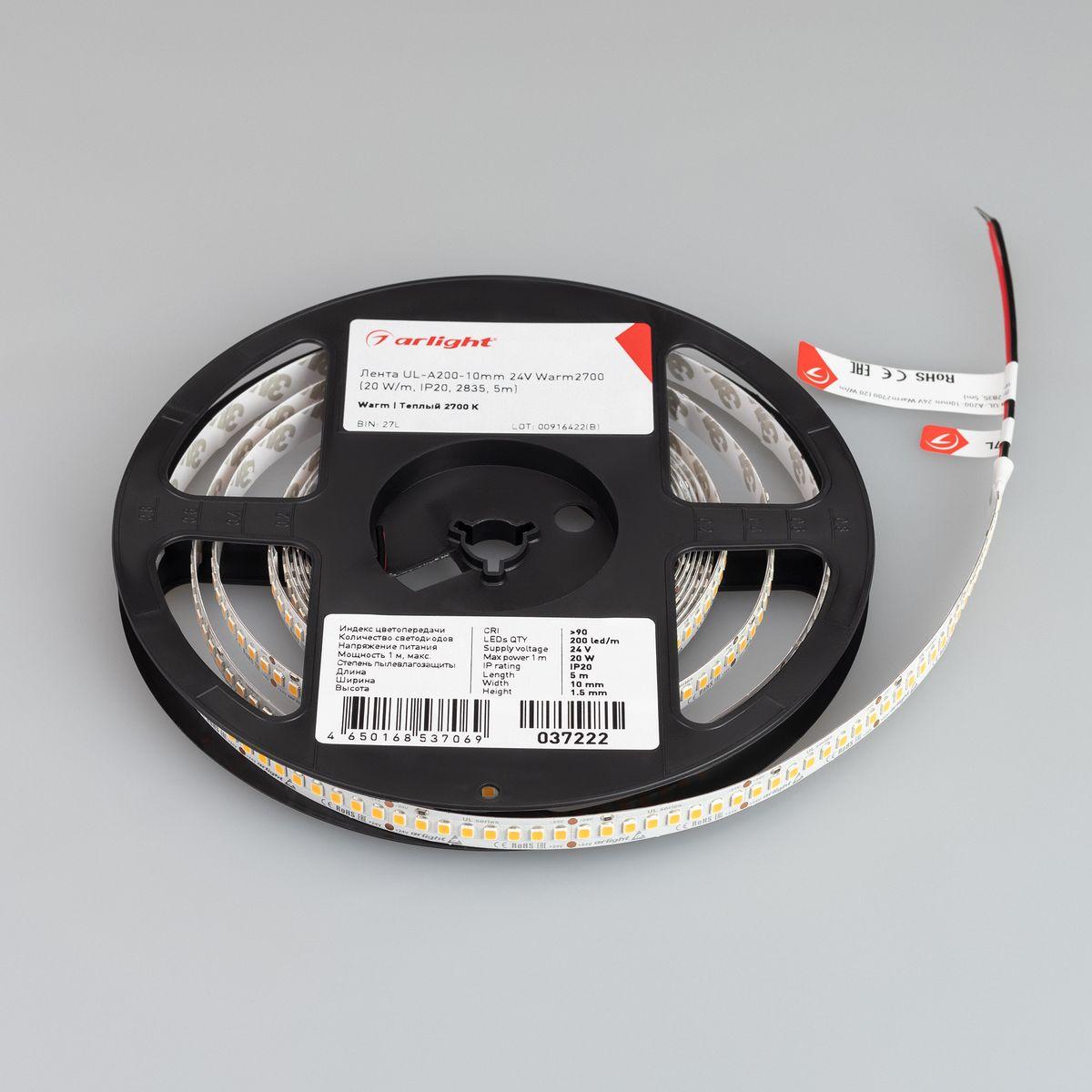 Светодиодная лента Arlight 20W/m 200LED/m 2835SMD теплый белый 5M UL-A200-10mm 24V Warm2700 037222