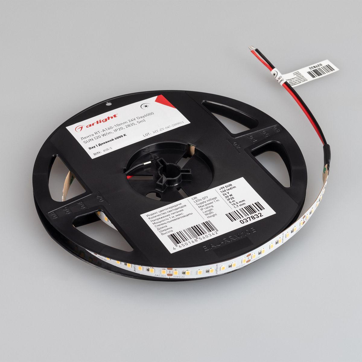 Светодиодная лента Arlight 20W/m 140LED/m 2835SMD дневной белый 5M RT-A140-10mm 24V Day4000 SUN 037832